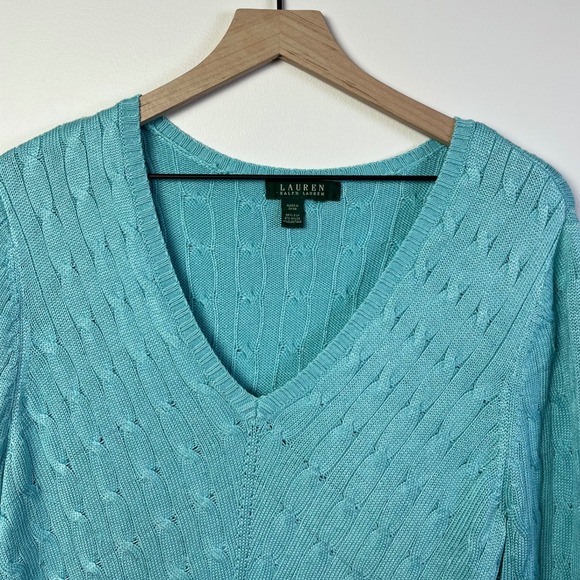 Lauren Ralph Lauren Silk Blend Cable Knit V Neck Sweater Aqua Blue Long Sleeve S - Picture 2 of 8
